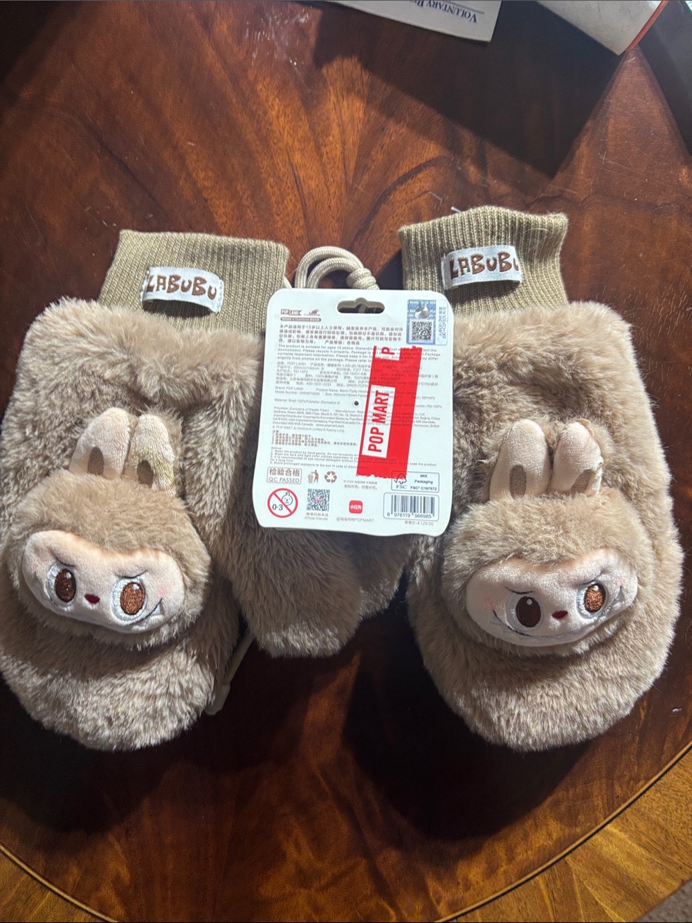 Authentic Labubu Kids Plush Bunny Mittens - Taupe